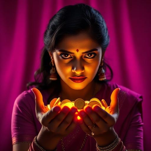 Woman guarding glowing gold coins